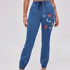 SHEIN Drawstring High Waist Butterfly Print Jeans